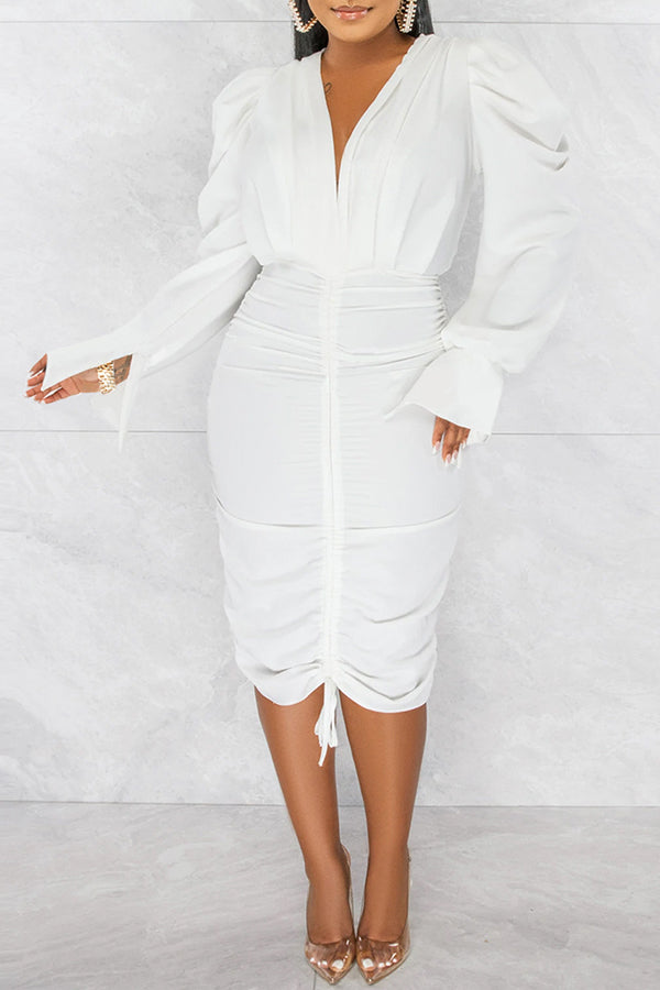 Puff Sleeve Ruched V-Neck Dress