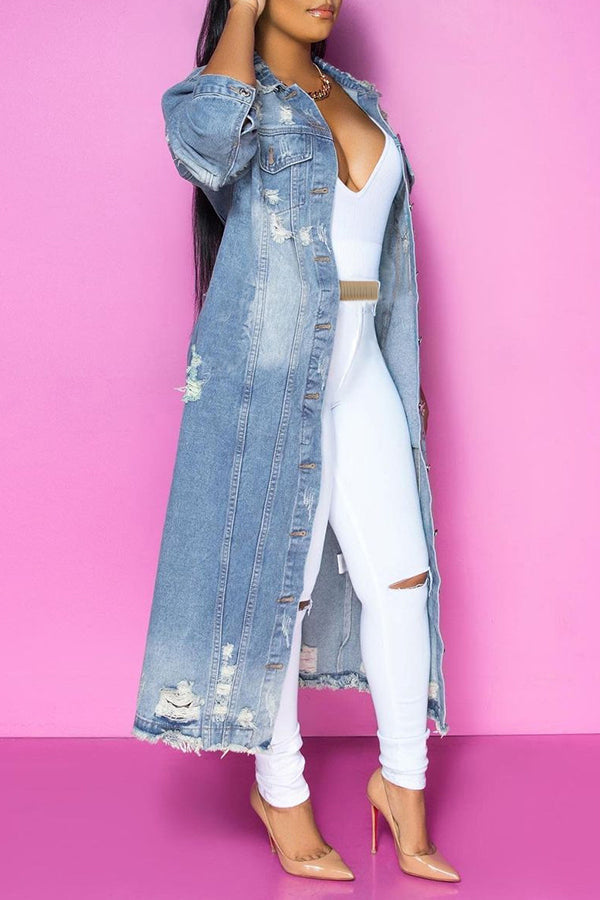 Casual Ripped Long Denim Jacket