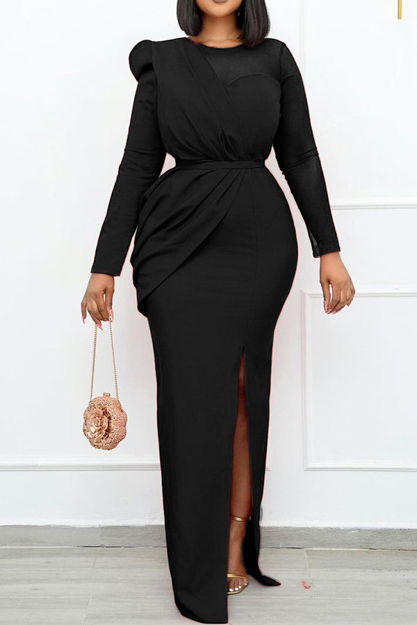 Mesh Panel Belted Split Thigh Dress