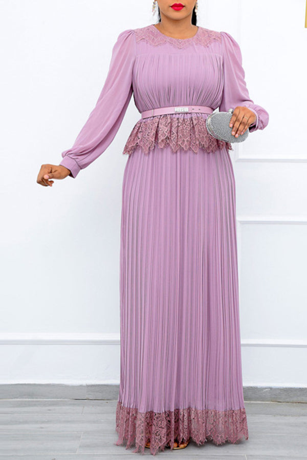 Elegant Lace Hem Long Pleated Dress