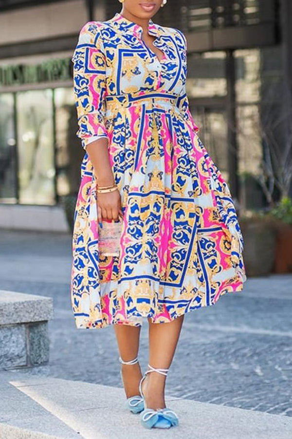 Retro Mandala Print 3/4 Sleeve Dress