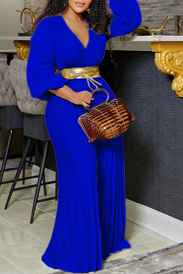 Self Tie Pleated Wide Leg Jumpsuit