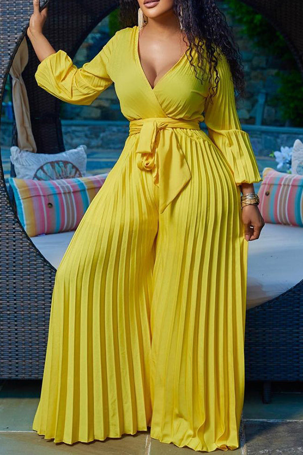 Self Tie Pleated Wide Leg Jumpsuit