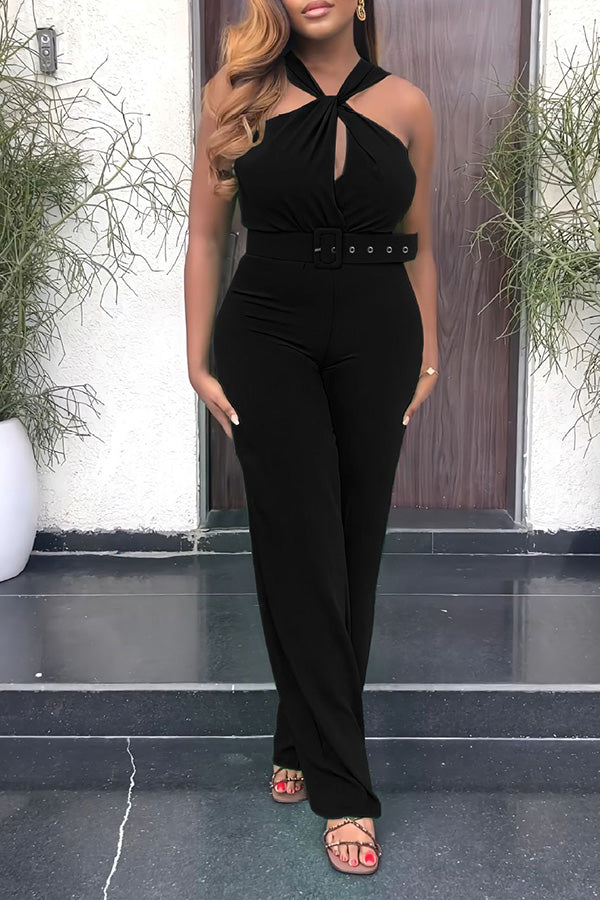 Cross Wrap Solid Straight Leg Jumpsuit With Belt