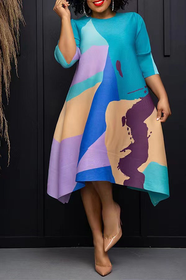 Abstract Print 3/4 Length Sleeve Dress