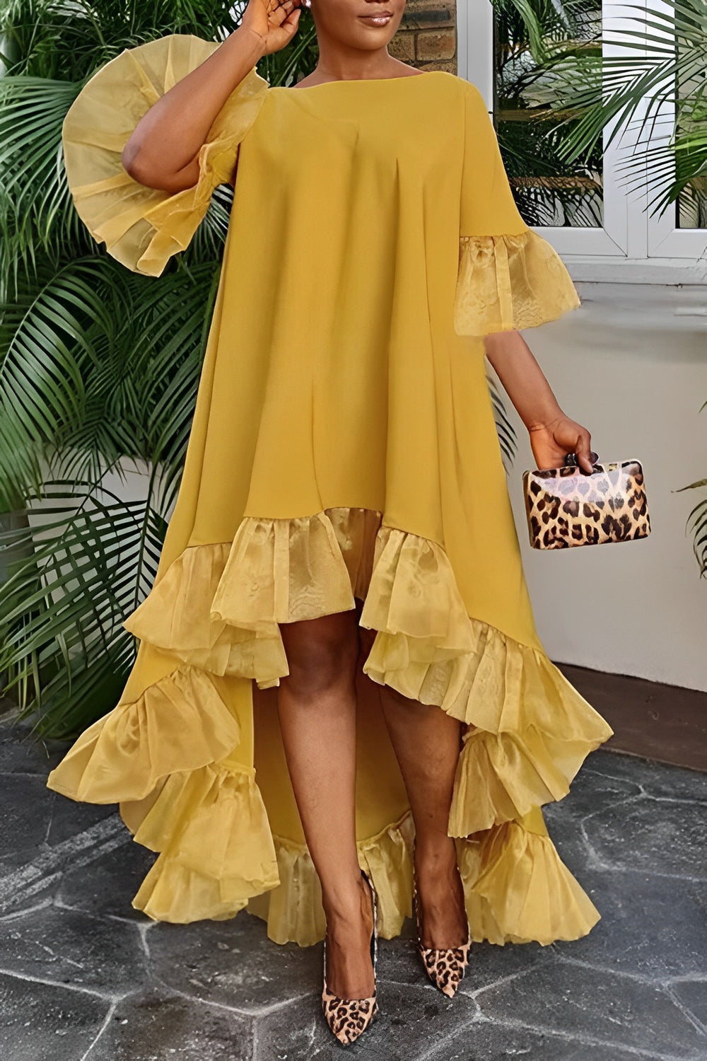 Chic Solid Color Ruffled High Low Dress