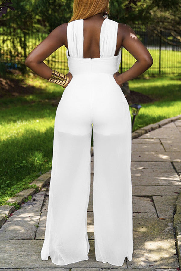 Solid Color Halter Drawstring Waist Jumpsuit