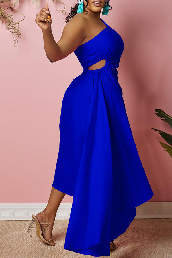 One Shoulder Cutout Waist Asymmetrical Hem Dress