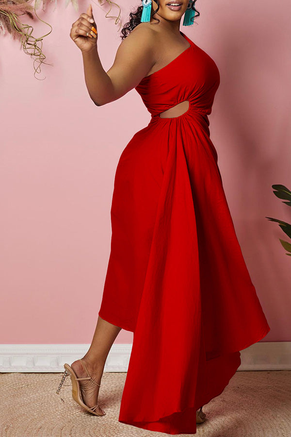 One Shoulder Cutout Waist Asymmetrical Hem Dress