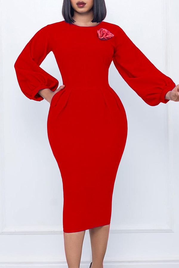 Lantern Sleeve Ruched Bodycon Dress With Corsage