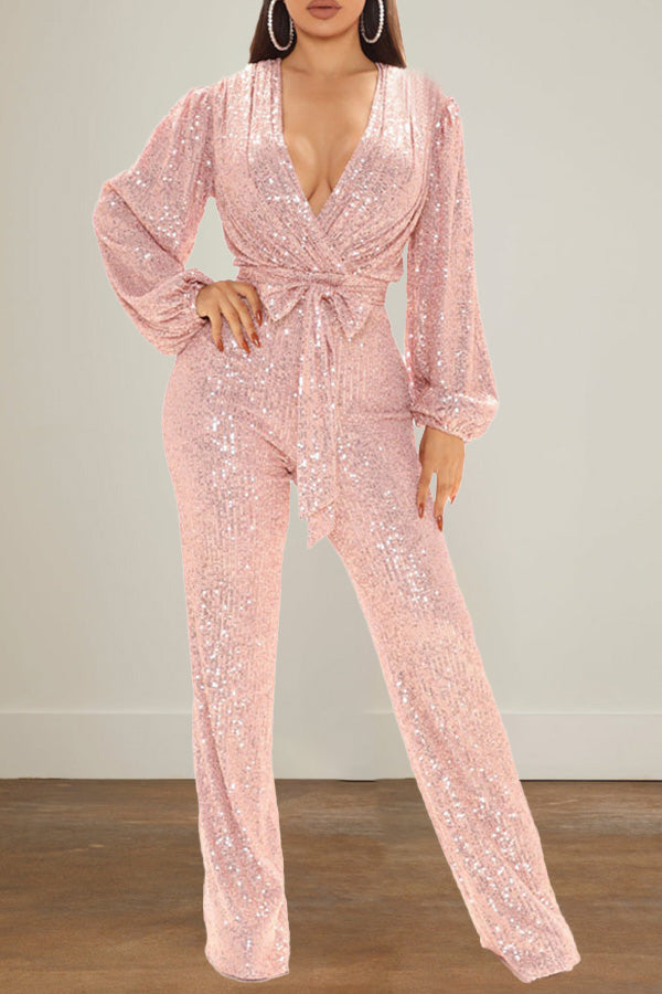 Sequin V-Neck Lantern Sleeve Jumpsuit