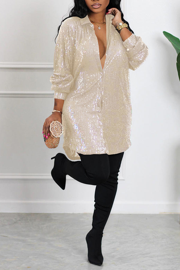 Sequin Button Up Shirt Dress 