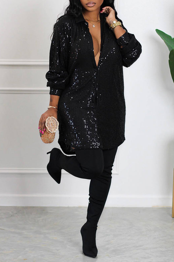 Sequin Button Up Shirt Dress 