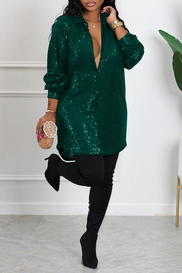 Sequin Button Up Shirt Dress 