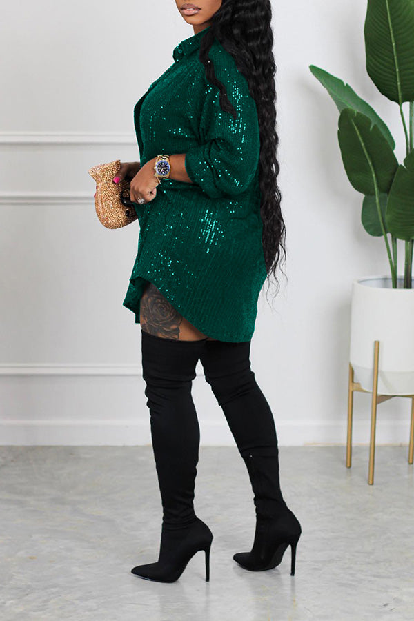 Sequin Button Up Shirt Dress 