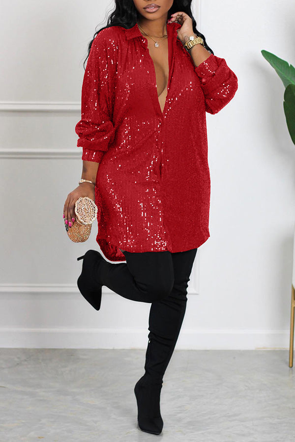 Sequin Button Up Shirt Dress 