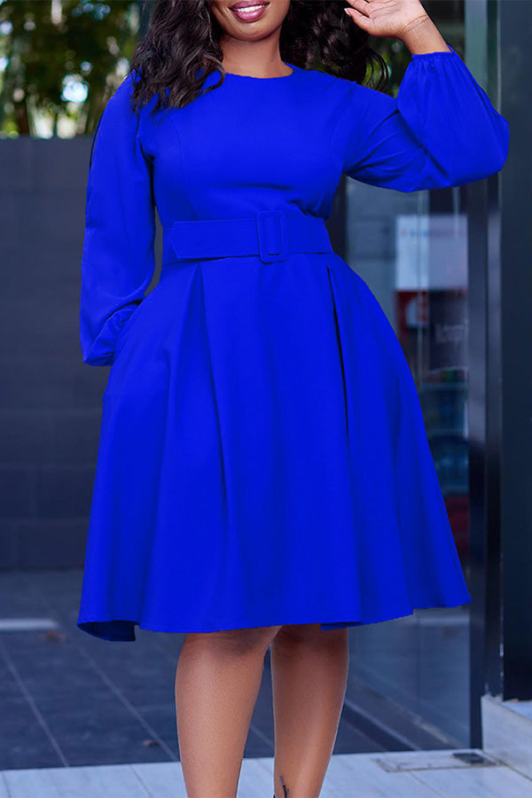 Classic Belted Lantern Sleeve A-line Dress