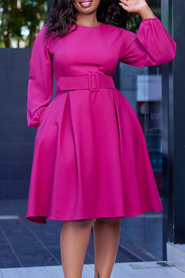 Classic Belted Lantern Sleeve A-line Dress