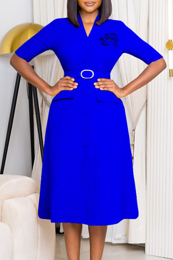 Graceful Button Up Dress With Corsage & Belt