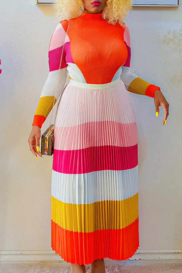 Mock Neck Colorblock Top & Pleated Skirt Set