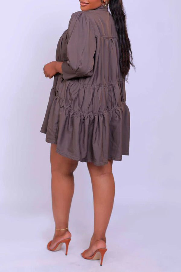 Casual Stand Collar Ruffle Hem Dress