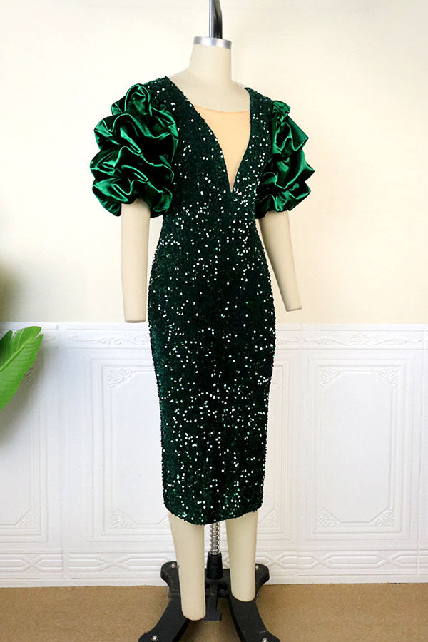 Gorgeous Sequin Ruched Sleeve Evening Dress