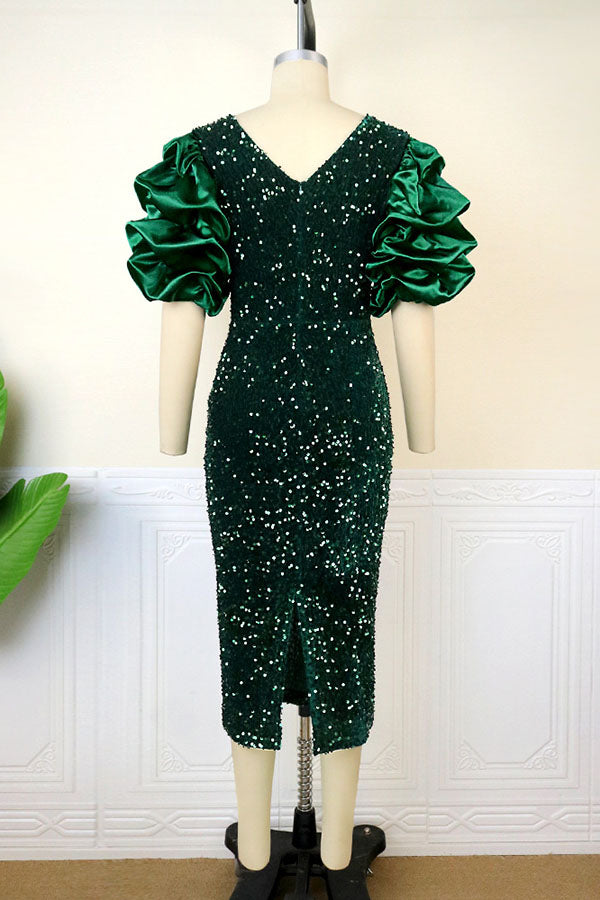 Gorgeous Sequin Ruched Sleeve Evening Dress