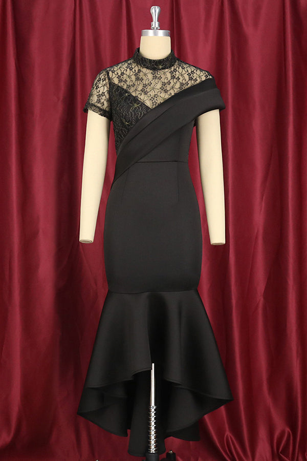 Stunning Lace Panel High Low Ruffle Hem Dress