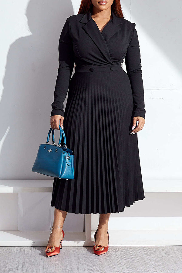 Casual Lapel Collar V-Neck  Pleated Dress