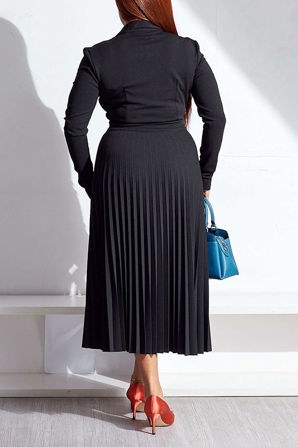 Casual Lapel Collar V-Neck  Pleated Dress