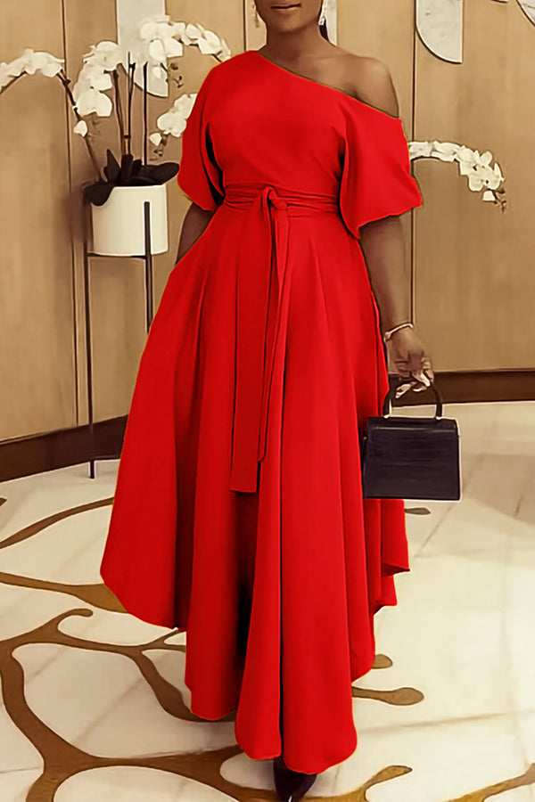 Elegant Oblique Shoulder Midi Dress