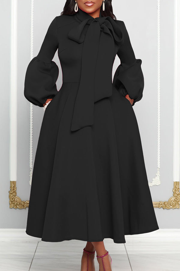 Elegant Bow Lantern Sleeve A-line Dress
