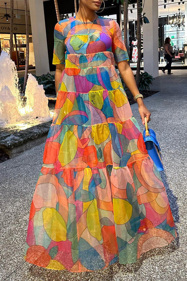 Fruit Print Mosaic Swing Maxi Dress