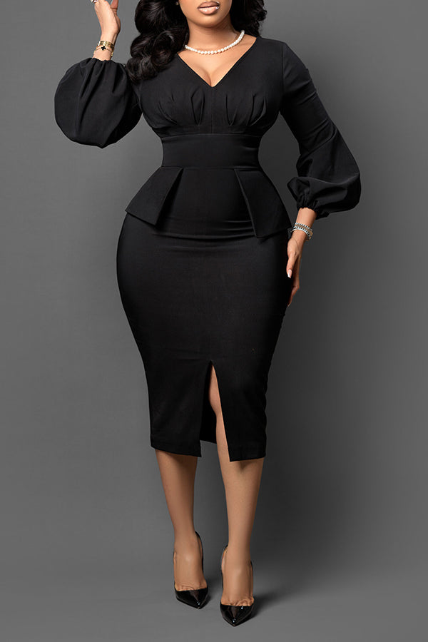 V Neck Body Hug Slitted Midi Dress