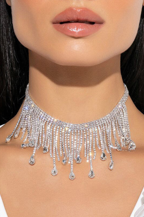 Sparkling Rhinestone Drop Tassel Necklace