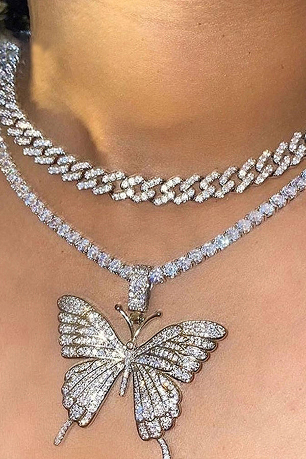 Double Layer Butterfly Rhinestone Necklace