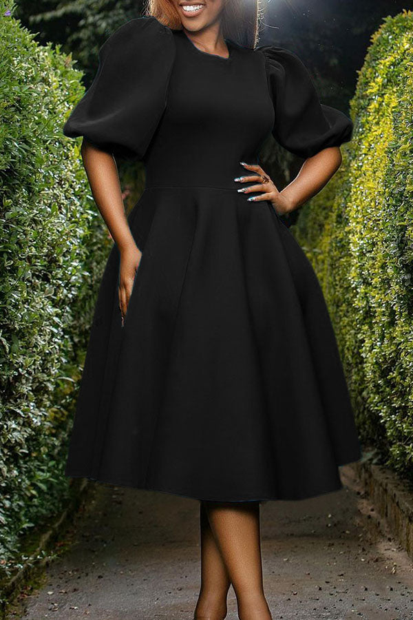 Puff Sleeve A Line Midi Dress